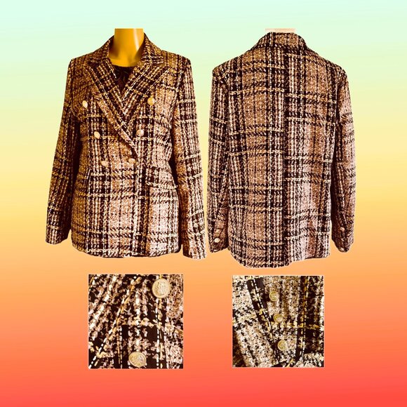 Double Breasted Lapel Collar Tweed Print Lightweight Summer Blazer Jacket Sz XL - Picture 2 of 3